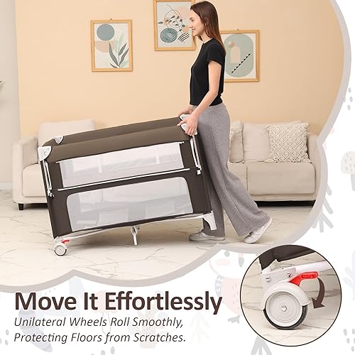 Miniatura 8 de Cuna plegable para bebé, paquete 5 en 1, cama de noche con corral, incluye colchón, cambiador, mosquitero, móvil giratorio y almacenamiento para