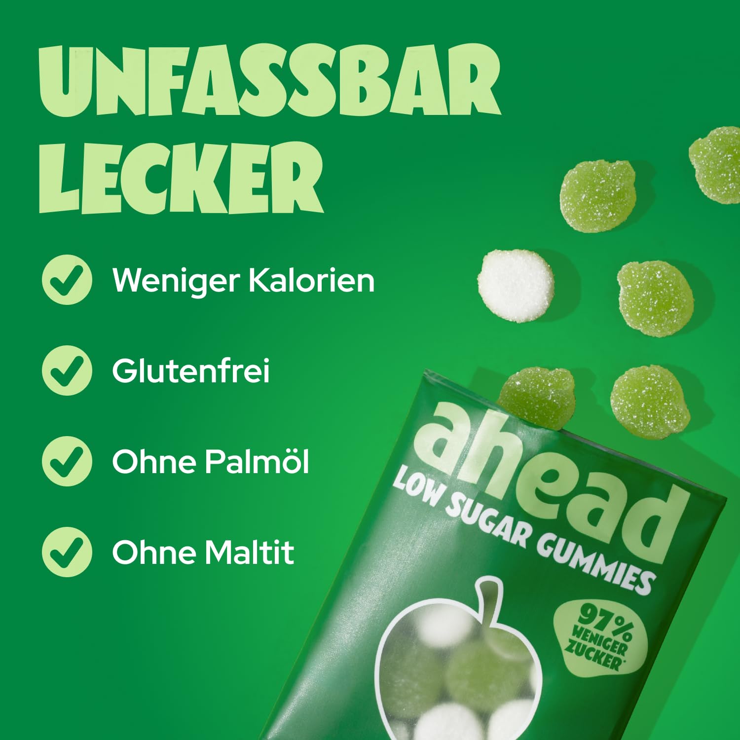 ahead Green Apples Gummibärchen | Apfelgeschmack Fruchtgummi 18 × 50g | Gummibärchen ohne Zuckerzusatz | Nur 1g Zucker & 72 kcal pro 50 g | Kalorienarme Süßigkeiten & ballaststoffreich - 3