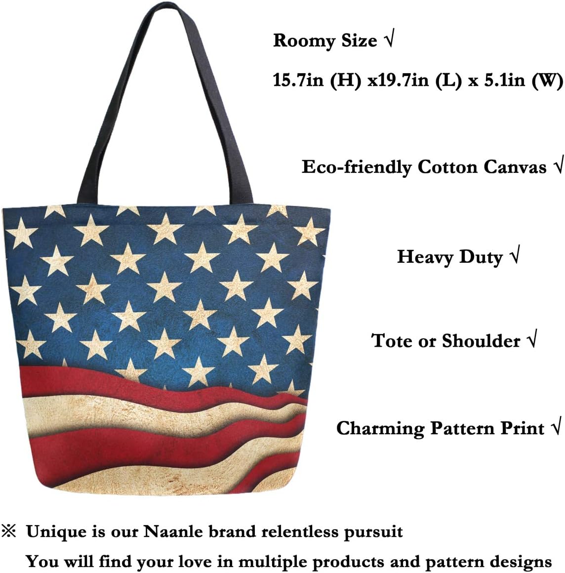 Naanle 4th of July Canvas Tote, Large Women's Casual Shoulder Handbag, American Flag Galaxy Stars Reusable Multipurpose Heavy Duty Shopping Grocery Cotton Bag for Outdoors - Image 2