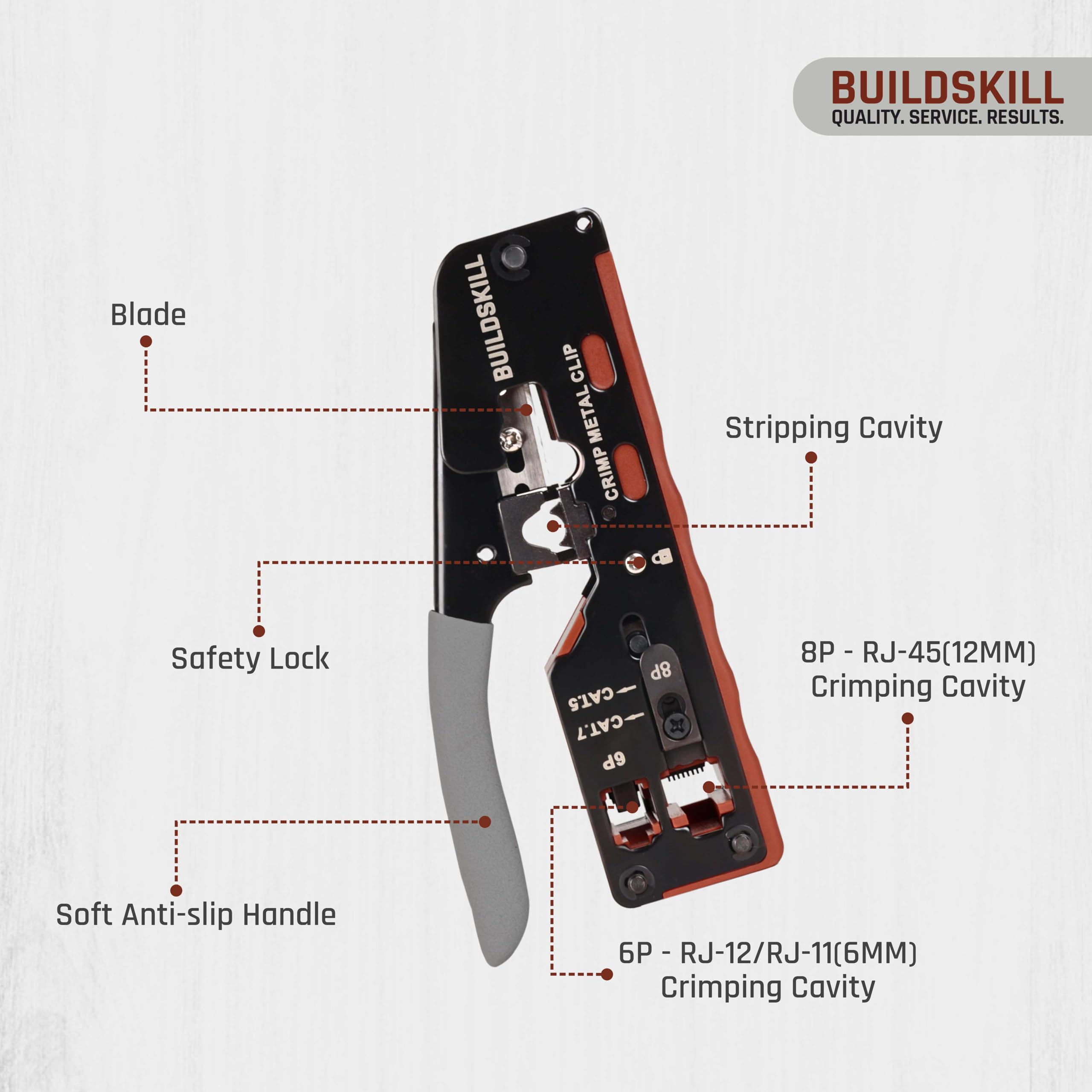 BUILDSKILL 3-in-1 network crimping tool, wire stripper and cutter | safety lock button | soft grip handle | 2mm heavy-duty metal body | ideal ethernet & telephone cables,RJ12, RJ11, RJ45 crimping tool - Image 3 thumbnail