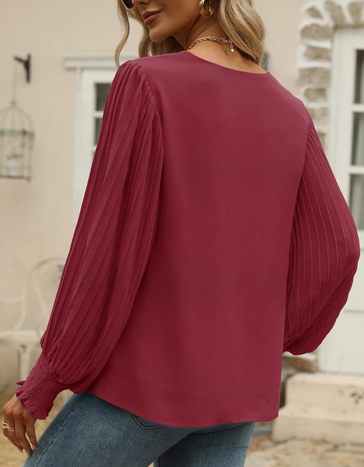 Aifer Womens V Neck Chiffon Blouses Pleated Lantern Sleeve Flowy Dressy Tops Elegant Business Casual Outfits - Image 4