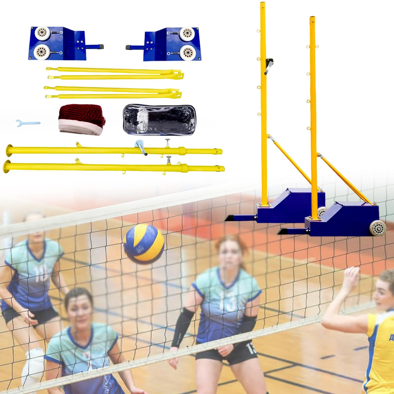 Tragbares Volleyball-Badminton-Netz-Set, höhenverstellbare Stangen mit Aufbewahrungstasche auf Rädern, für Outdoor-Sportarten, Garten