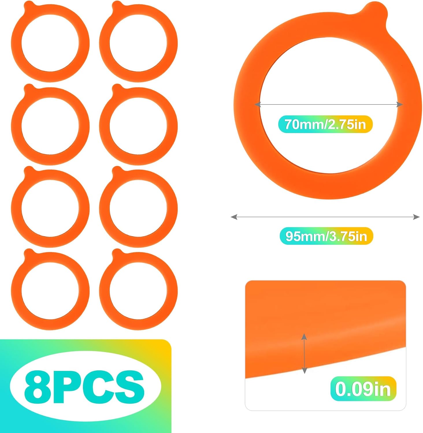 8 Pack Silicone Jar Seals, Replacement Rubber Gasket Rings for Standard Mouth Mason Jars, Airtight & Reusable Canning Seals for Food Storage, Orange
