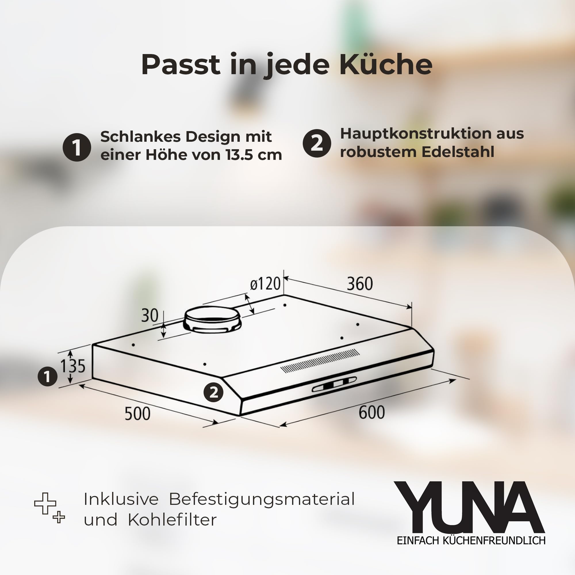 YUNA Dunstabzugshaube Mila KUBH 60205 Edelstahl 60 cm Unterbauhaube Abluft Umluftbetrieb 82W LED