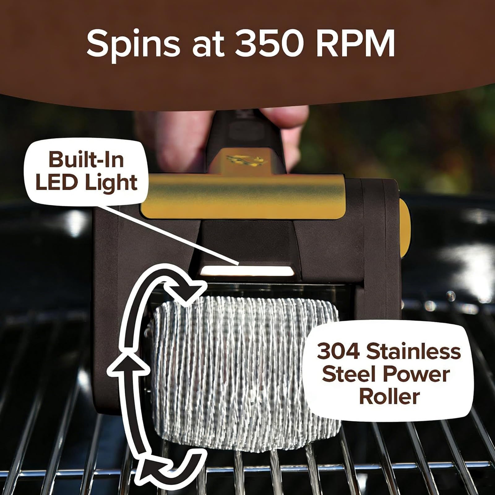 Cepillo eléctrico para parrilla, limpiador inalámbrico de parrilla de barbacoa con luz LED, rodillo de acero inoxidable de 350 rpm, herramienta de limpieza recargable sin cerdas para parrillas de