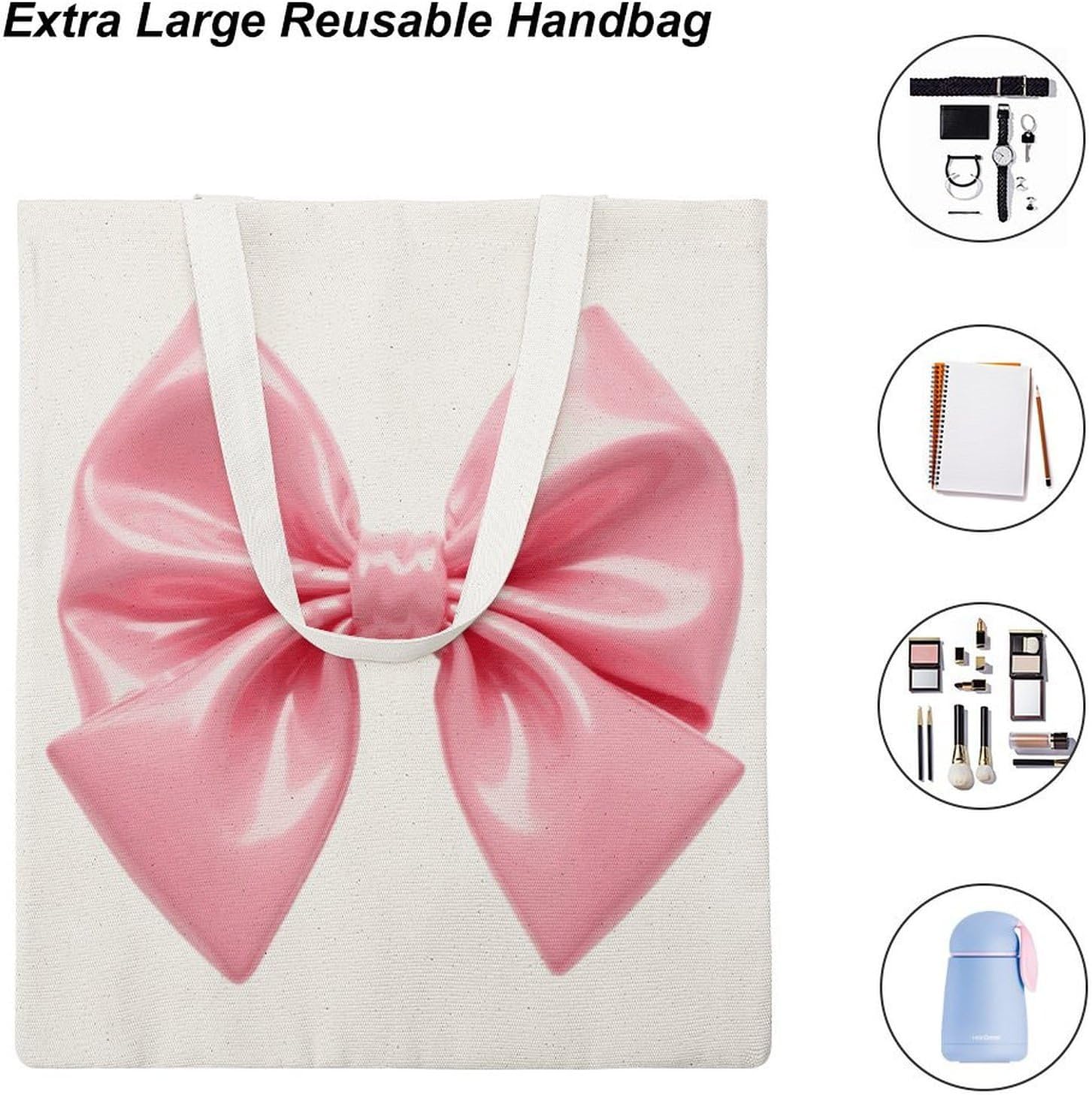 Canvas Tote Bag 16x15 In Lightweight Foldable Shoulder Hobo Purse | Pink Bow, Casual Tote with 10" Strap, Everyday Carryall, for Travel Work Grocery Shopping Beach Mark Gym Yoga