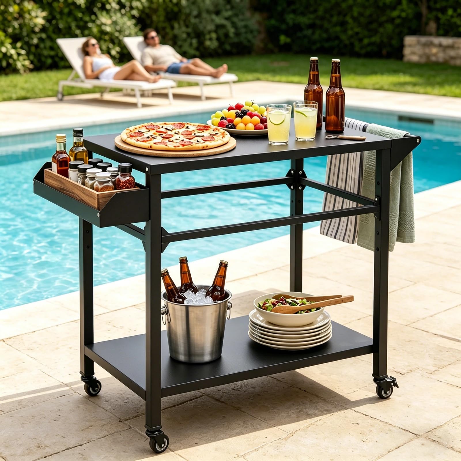 KOMFOTTEU Carrello per Barbecue a 2 livelli, Carrello da Giardino con Porta Asciugamani e Scaffale per Spezie, Desserte da Esterno, 4 Rotelle, per Giardino e Terrazza, 100 x 45 x 80 cm, Nero
