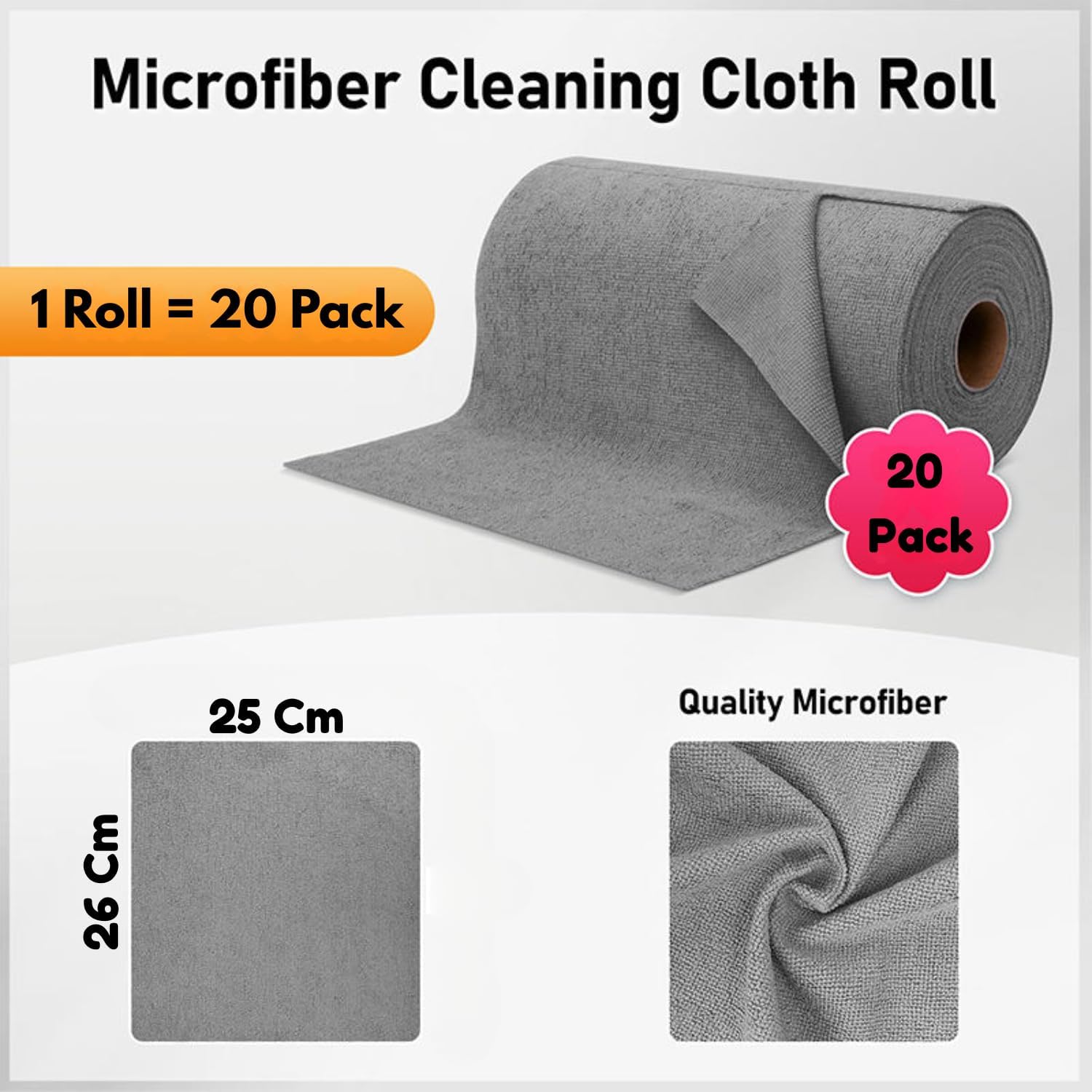 KEMLOZE Microfiber Cleaning Cloth Roll | Reusable & Washable Kitchen Towel Roll | Super Absorbent Cleaning Towels for Kitchen & Home | 20 Sheets (25 x 26 cm)-Pack of 1 2