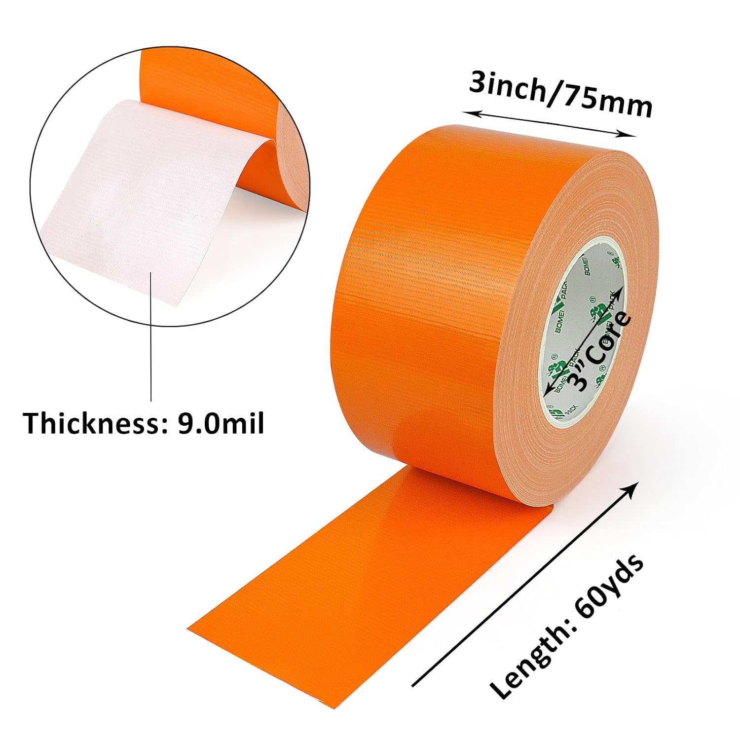 BOMEI PACK Orange Duct Tape 3 inches Wide, Heavy Duty Industrial Strong Color Duct Tape 9.0mil x 60yds for Indoor Outdoor Use, Multi Purpose Home Repair