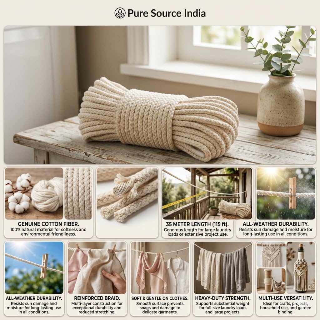 Pure Source India Cloth Line Cotton Rope Braided, for Drying Clothes, 20 Mtr (Natural White) 3