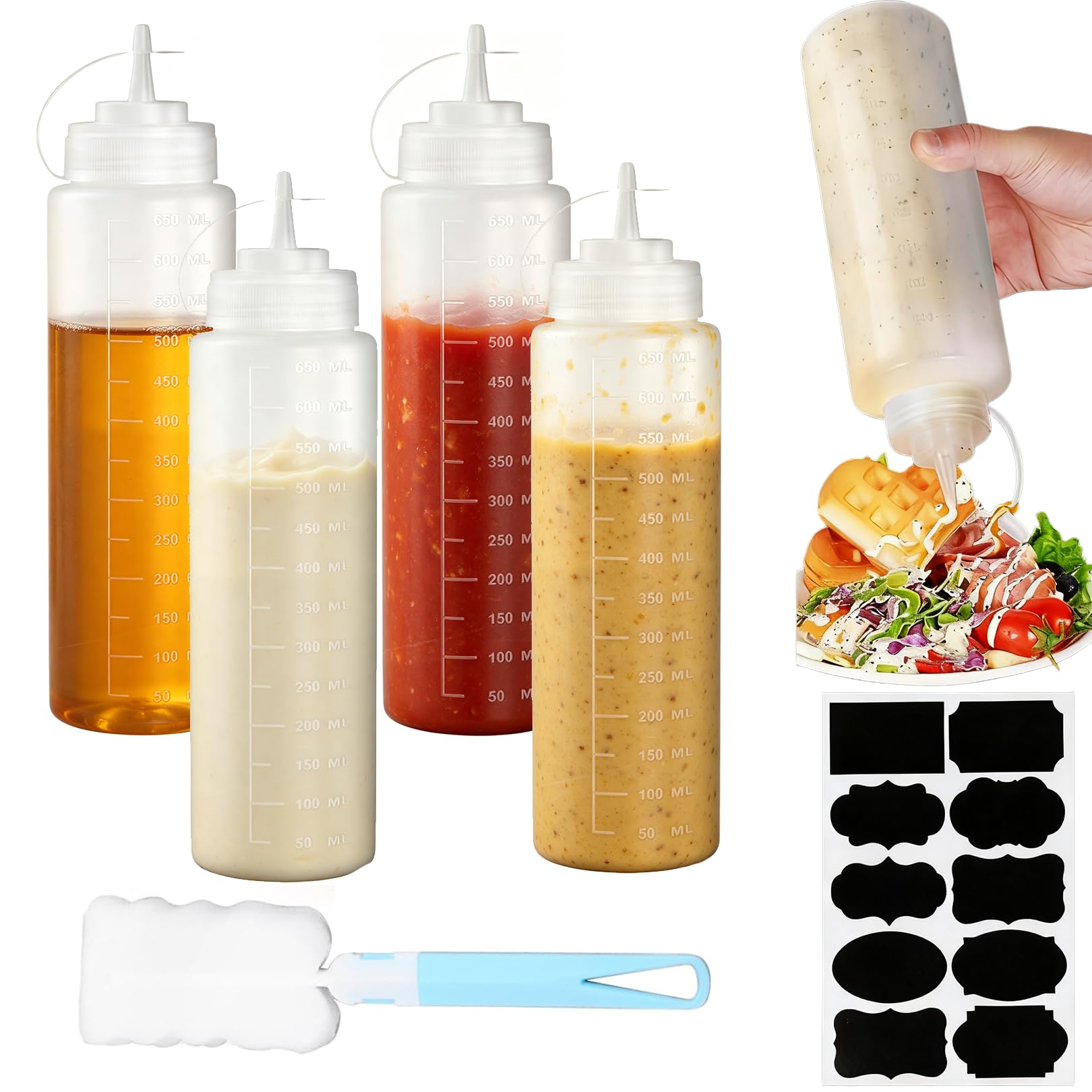 Moorlan 4 Pack Squeeze Bottle -22oz / 650ML Plastic Squeezy Sauce Bottles with Cap, Squeeze Condiment Bottle Dispensing Ketchup Bottle for Sauce for Ketchup, BBQ, Sauces, Syrup, Dressings