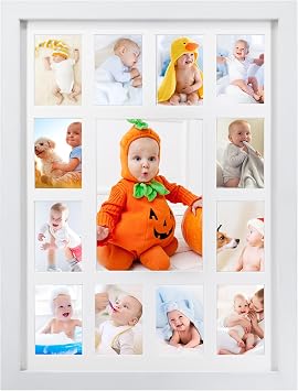 GMFrames Baby First Years Photo Frames 12 Month Picture Frame School Years Graduation Photo Collage White Frame with Mat, Displays One 5x7 Photo and Twelve 2.5x3.5 Pictures