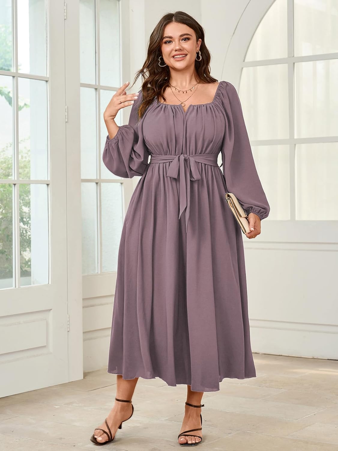 SCOMCHIC Women Plus Size Maxi Dress Long Sleeve Square Neck Wedding Guest Cocktail Belted Elegant Flowy A Line Long Dresses - Image 2