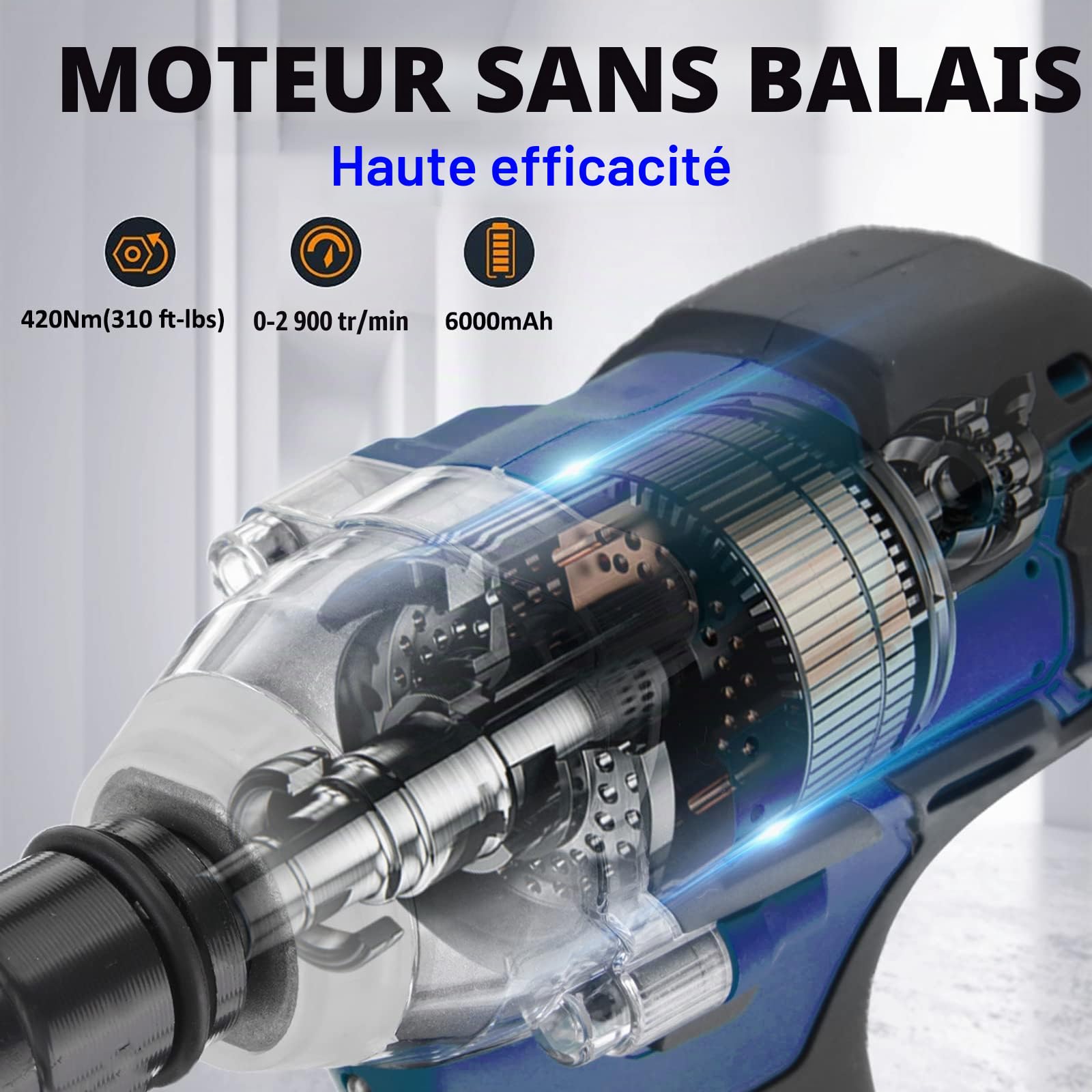 Clé à choc sans fil 21 V MAX pour réparation de voiture, pistolet à écrou de roue électrique 420 N.M à couple élevé, clé électrique sans fil avec 4 prises + 12 embouts de pilote + batterie 6,0 Ah