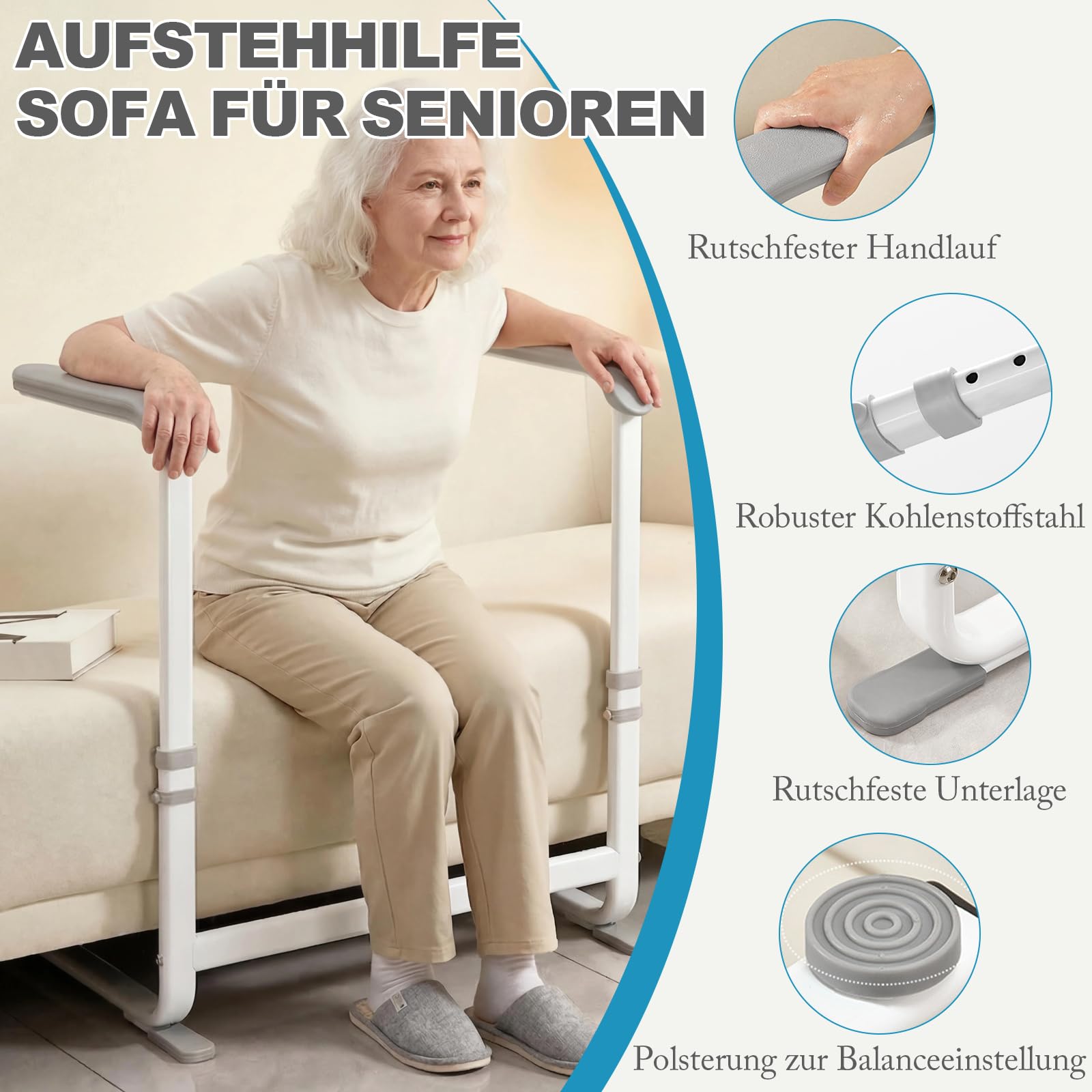 Pomoc przy wstawaniu sofy, 6-stopniowa regulacja wysokości dla seniorów, pomoc w poruszaniu się na co dzień, 52 cm, poszerzony obszar stojaka, antypoślizgowa i stabilna poręcz dla seniorów i