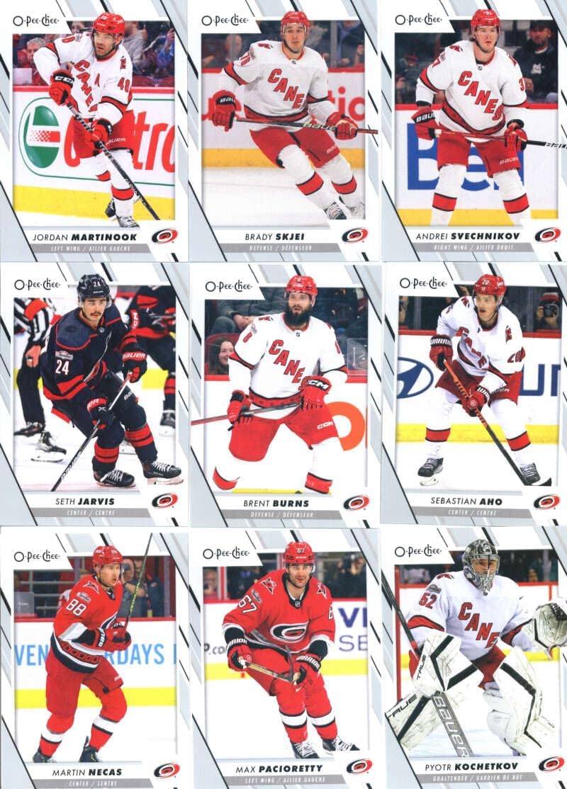 2023-24 O-Pee-Chee Veterans Carolina Hurricanes Team Set of 18 Cards: Sebastian Aho(#3), Martin Necas(#57), Max Pacioretty(#60), Pyotr Kochetkov(#63), Andrei Svechnikov(#114), Seth Jarvis(#125), Brent Burns(#141), Jordan Martinook(#220), Brady Skjei(#234), Jordan Staal(#254), Jalen Chatfield(#267), Paul Stastny(#270), Ethan Bear(#284), Jaccob Slavin(#316), Brett Pesce(#355), Jesper Fast(#365), Jesperi Kotkaniemi(#402), Stefan Noesen(#475), plus more - Sportscard Superstore