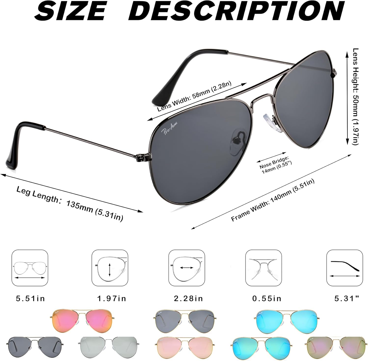 Pro Acme Classic Polarized Aviator Sunglasses for Women Men, Lightweight Metal Pilot Frame UV400 Protection 58MM - Image 3