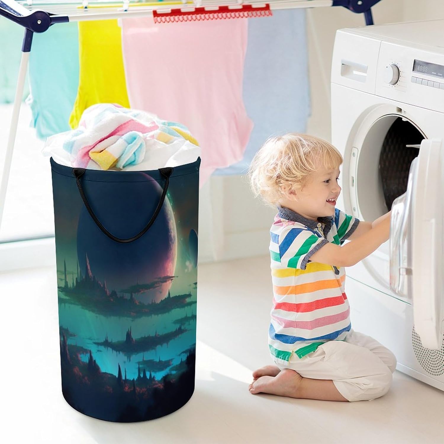 Art Planet World Laundry Basket Freestanding Laundry Hamper with Handles Waterproof Dirty Clothes Hamper Collapsible Washing Bin Aesthetic Clothes Basket for Bathroom Bedroom Dorm