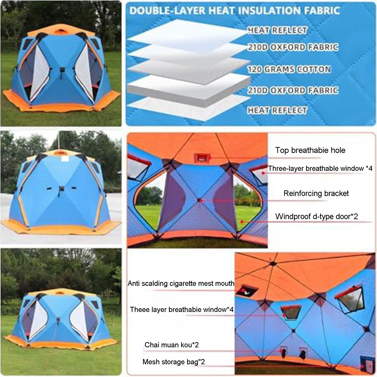 Tenda pop-up portatile per 6 – 12 persone, isolante, impermeabile, baracca da pesca su ghiaccio, con ancoraggio, corde, borsa per il trasporto, perfetta per attività invernali