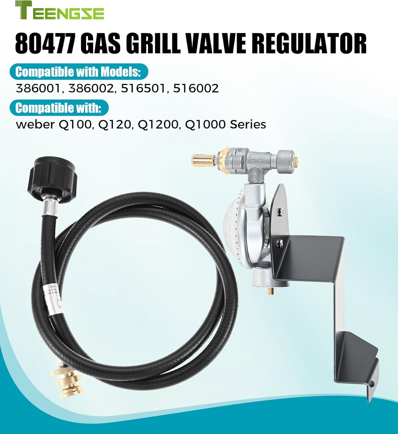 80477 Gas Grill Valve Regulator with 4FT Propane Hose, Compatible with Weber Q100, Q120, Q1000, Q1200 Series Fit for Models 386001, 386002, 516501, 516002, 1lb to 20lb Converter Hose