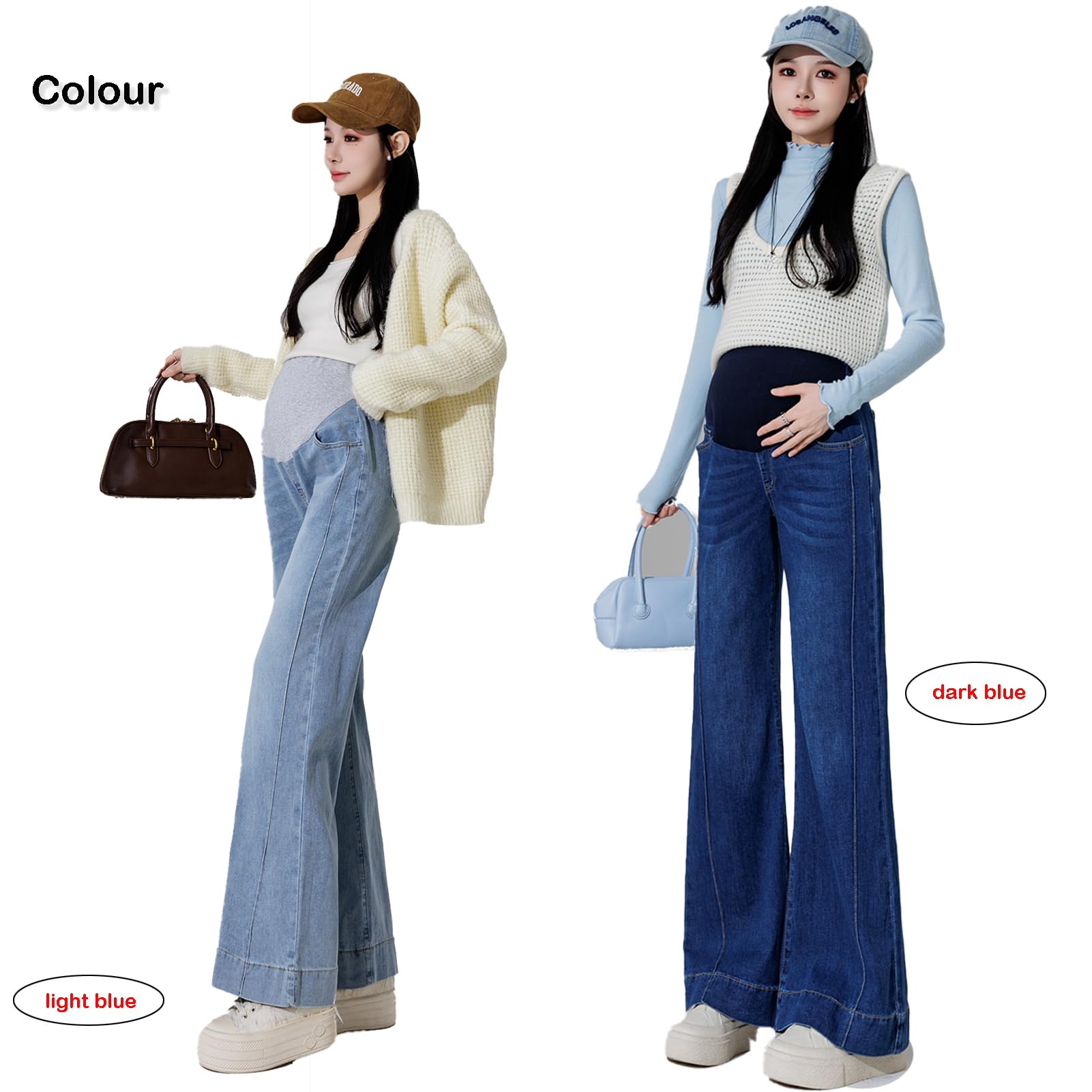 Jeans in gravidanza, da donna, in vita regolabile, larghezza Bootcut/Flare Stretch Denim Lounge Pantaloni con tasche per donne piccole fino a 170 cm