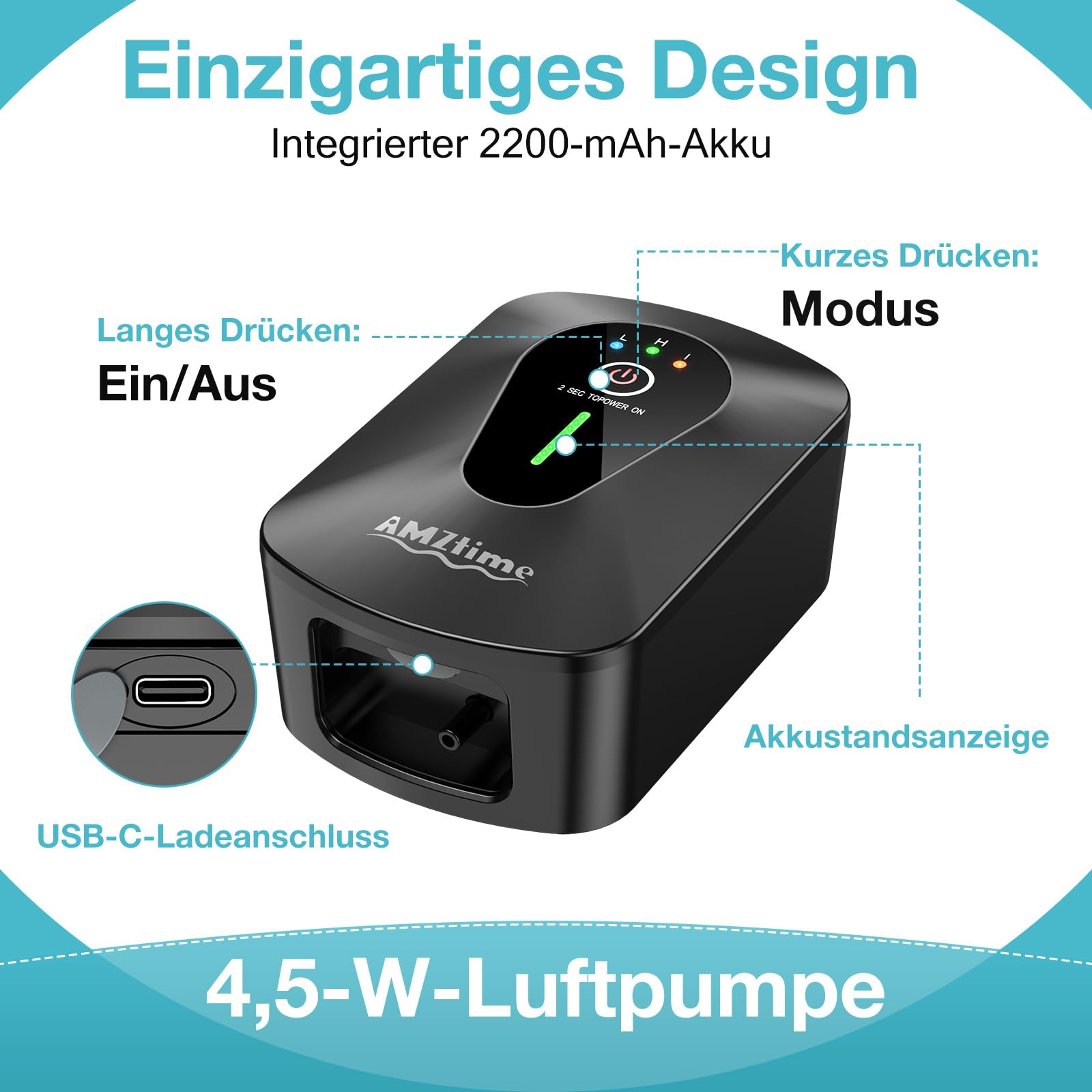 AMZtime Solar Sauerstoffpumpe für Gartenteich, 4.5 W Solar Teichbelüfter, Sauerstoffpumpe Oxygenator mit 2200 mAh Akku, Sauerstoff Luftpumpe 3 Modi 2 Luftsteine für Teich, Gartenteiche, Aquarium