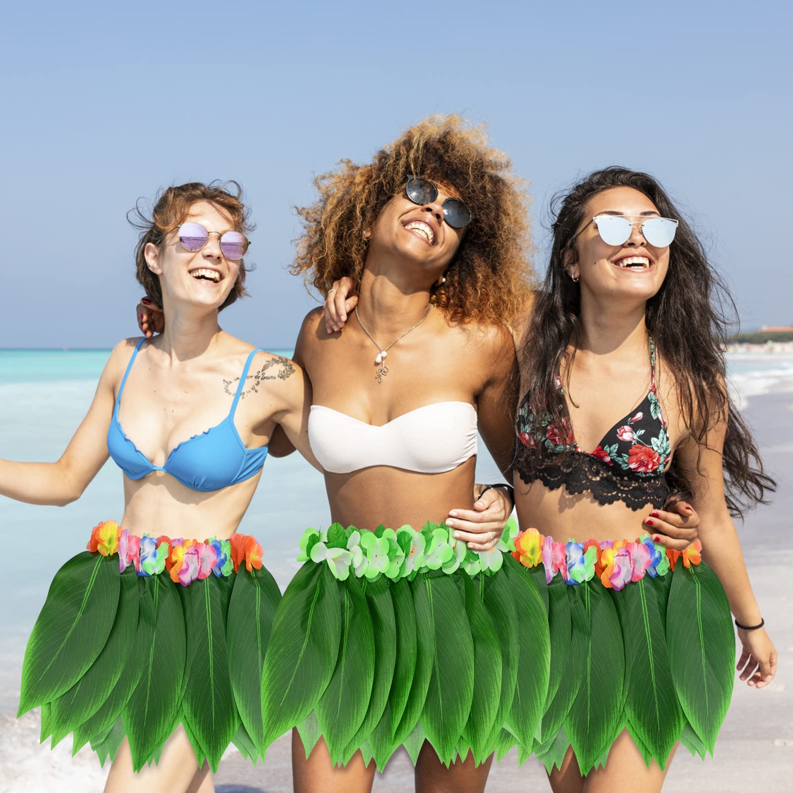 2 Pièces Déguisement Hawaïen Hula Jupe Feuilles Fleur Jupe Hibiscus Fleurs Feuille Herbe Jupe pour Adultes Femmes Hommes Élastique Hawaï Jupe pour Costume Summer Beach Hawaiian Luau Tiki Party