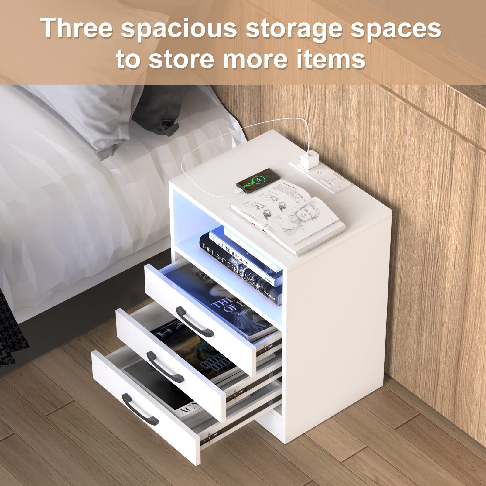 Moderna Petto di 3 Cassetti Comodino di Alta Gloss Comodino Unità con LED A Luce