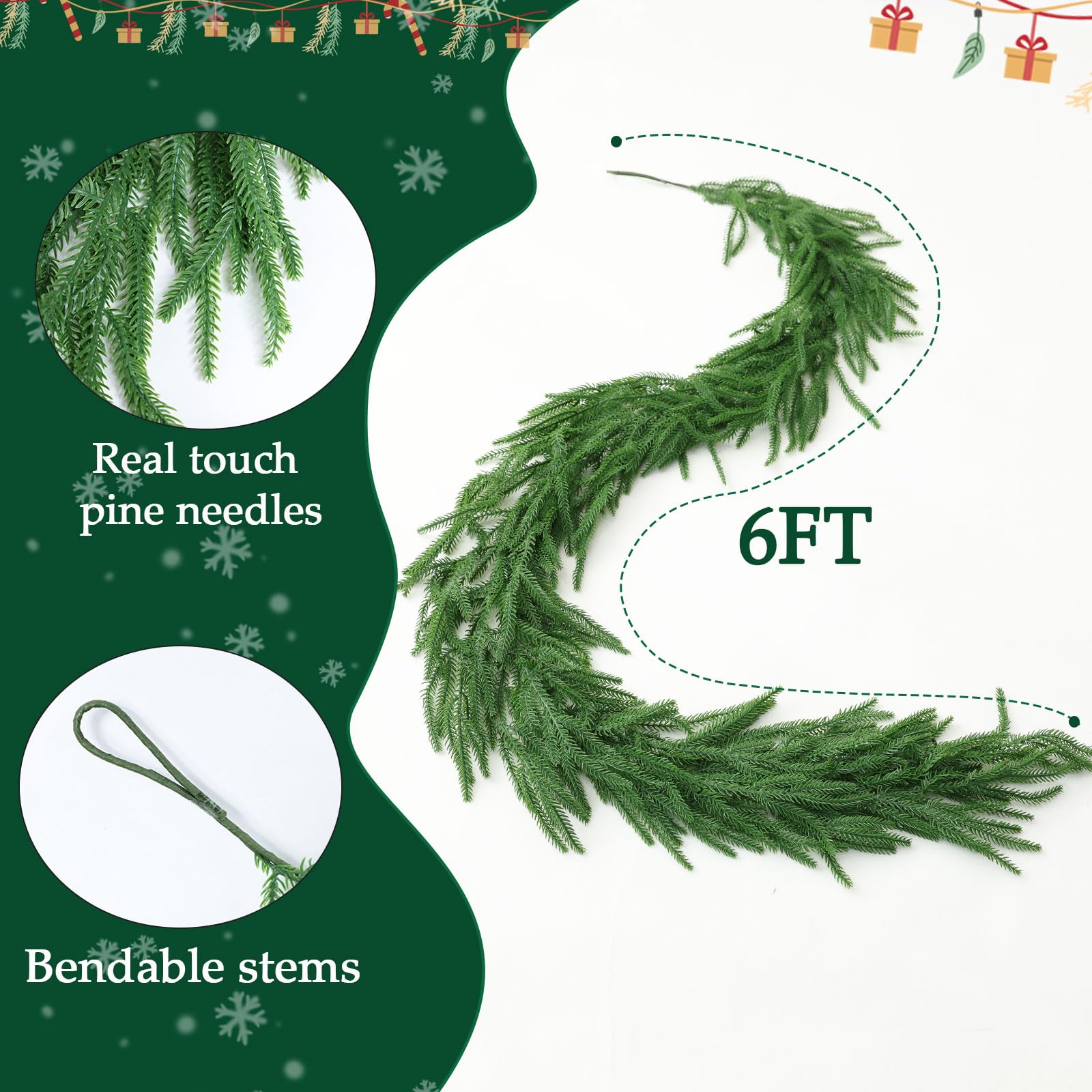 MIZII Guirnalda de Navidad de 6 pies, guirnalda de pino artificial de Norfolk de tacto real, guirnalda de pino sintético de Norfolk, decoración de Navidad para Navidad, chimenea, manto, decoración del
