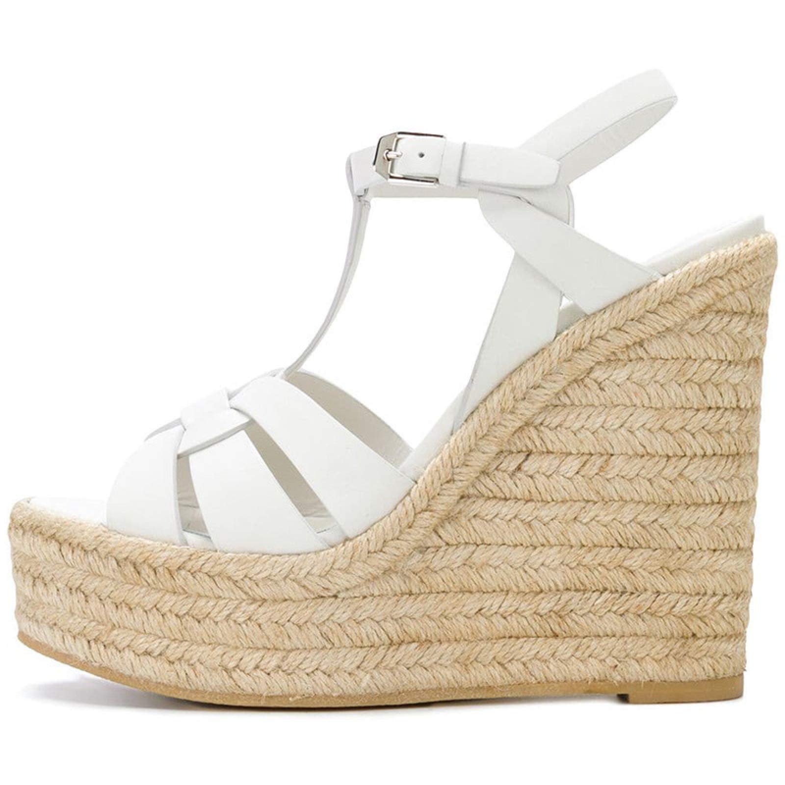 Talon Aiguille Talons Hauts 17CM Sandales PU Corde De Chanvre Wedge Platform Chaussures Personnalisées,White-38