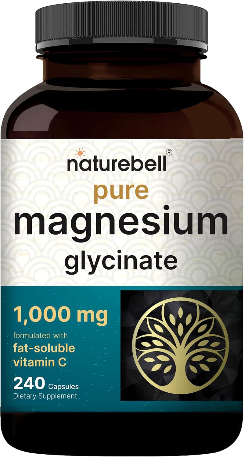 NatureBell Pure Magnesium Glycinate 1,000 mg, 240 Vegetarian Capsules | 1,000 mg Magnesium Glycinate Per Serving - Chelated Magnesium Form with Vitamin C – Non-GMO, Filler Free, cGMP Manufactured