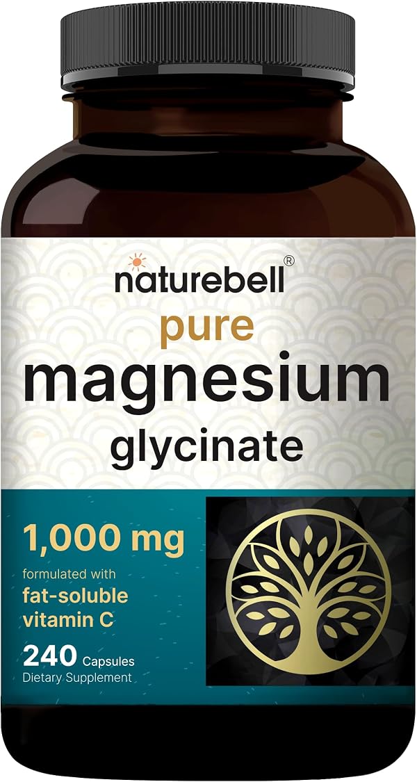 NatureBell Pure Magnesium Glycinate 1,000 mg, 240 Vegetarian Capsules | 1,000 mg Magnesium Glycinate Per Serving - Chelated Magnesium Form with Vitamin C – Non-GMO, Filler Free, cGMP Manufactured