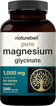 NatureBell Pure Magnesium Glycinate 1,000 mg, 240 Vegetarian Capsules | 1,000 mg Magnesium Glycinate Per Serving - Chelated Magnesium Form with Vitamin C Non-GMO, Filler Free, cGMP Manufactured