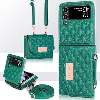 Phone Case for Samsung Galaxy Z Flip 3 Wallet Phone Cover, Fashion Flip 3 Phone Case with 4 Card Holders Adjustable Crossbody Strap Green