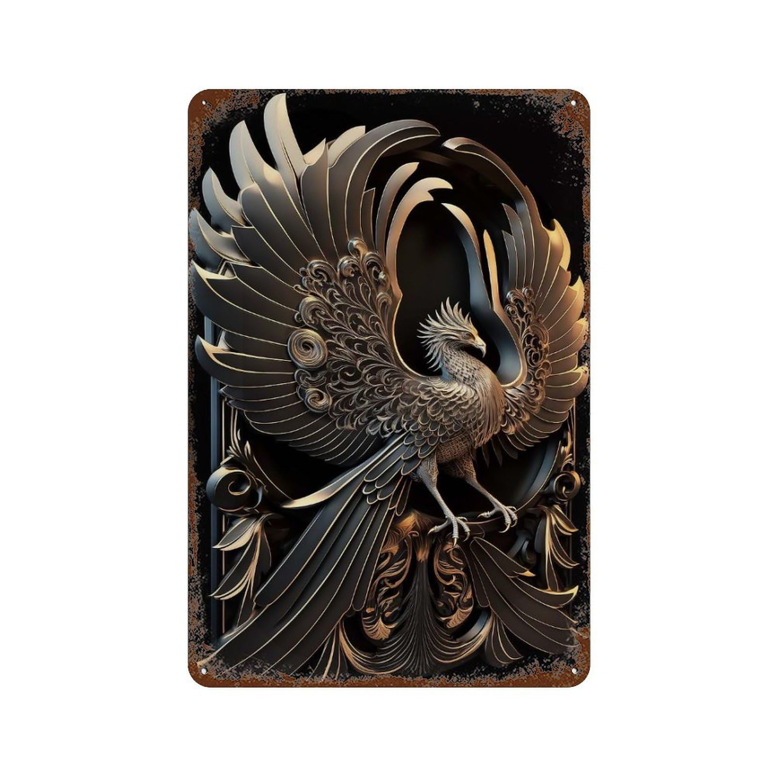 Garage Style Eternal Golden God Phoenix Rusty Metal Tin Sign 11.8"x7.9", Classic Wall Plaque for Bar And Workshop