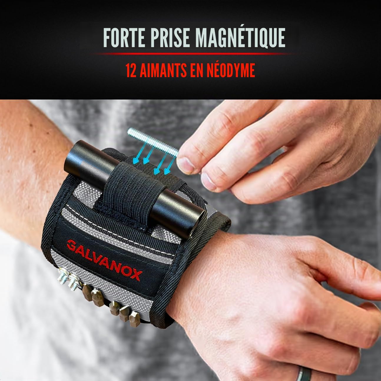 Galvanox - Bracelet magnétique avec lampe de poche LED - Bracelet de poignet en nylon pour outils, vis et clous avec lampe de travail réglable - Excellent cadeau pour homme, père, bricoleur (Noir)