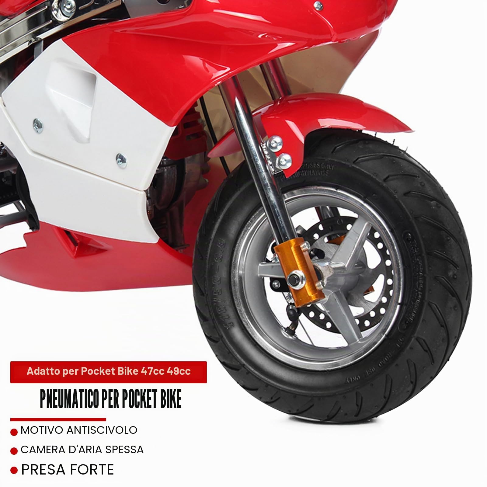 Mini-Motore Pocket Bike Pneumatico Ruota Pneumatico Cerchi Accessori Anti-Skid Adatto per Pocket Bike 47cc 49cc(Posteriore)