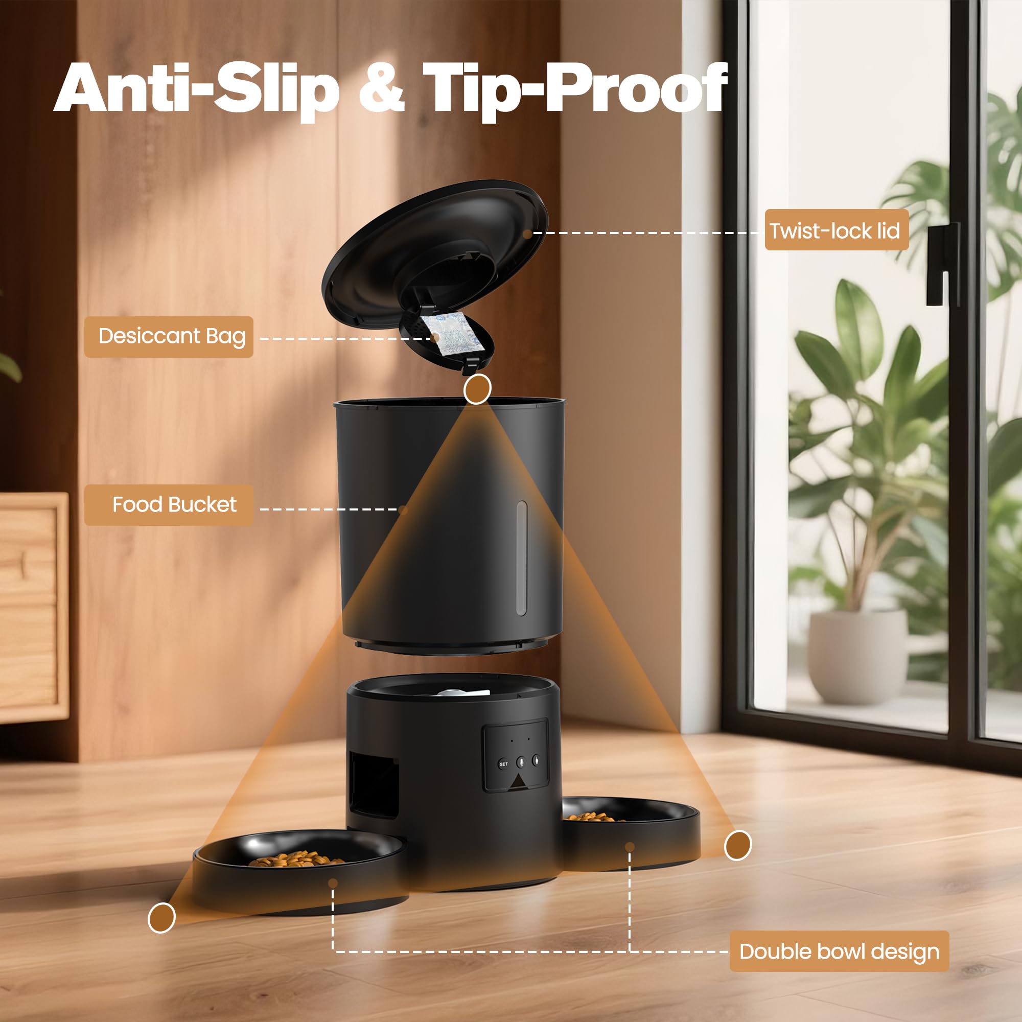 Comedero Gato Automático Doble & App: Dispensador Automático de 5L con WiFi 2.4G y Temporizador para Comida Seca - Diseño de Comedero Doble AONBOY para Múltiples Gatos y Perros - Negro
