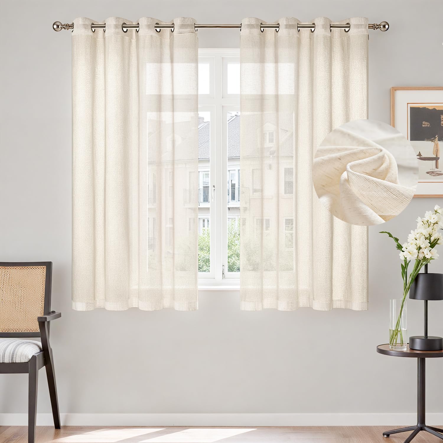 TOPICK Linen Look Net Curtains for Windows 63 Inch Drop, Semi Transparent Voile Drapes for Bedroom, Lightweight Woven Sheer Eyelet Curtains for Living Room, Nursery, W55 x L63 Inch, 2 PCS, Light Beige