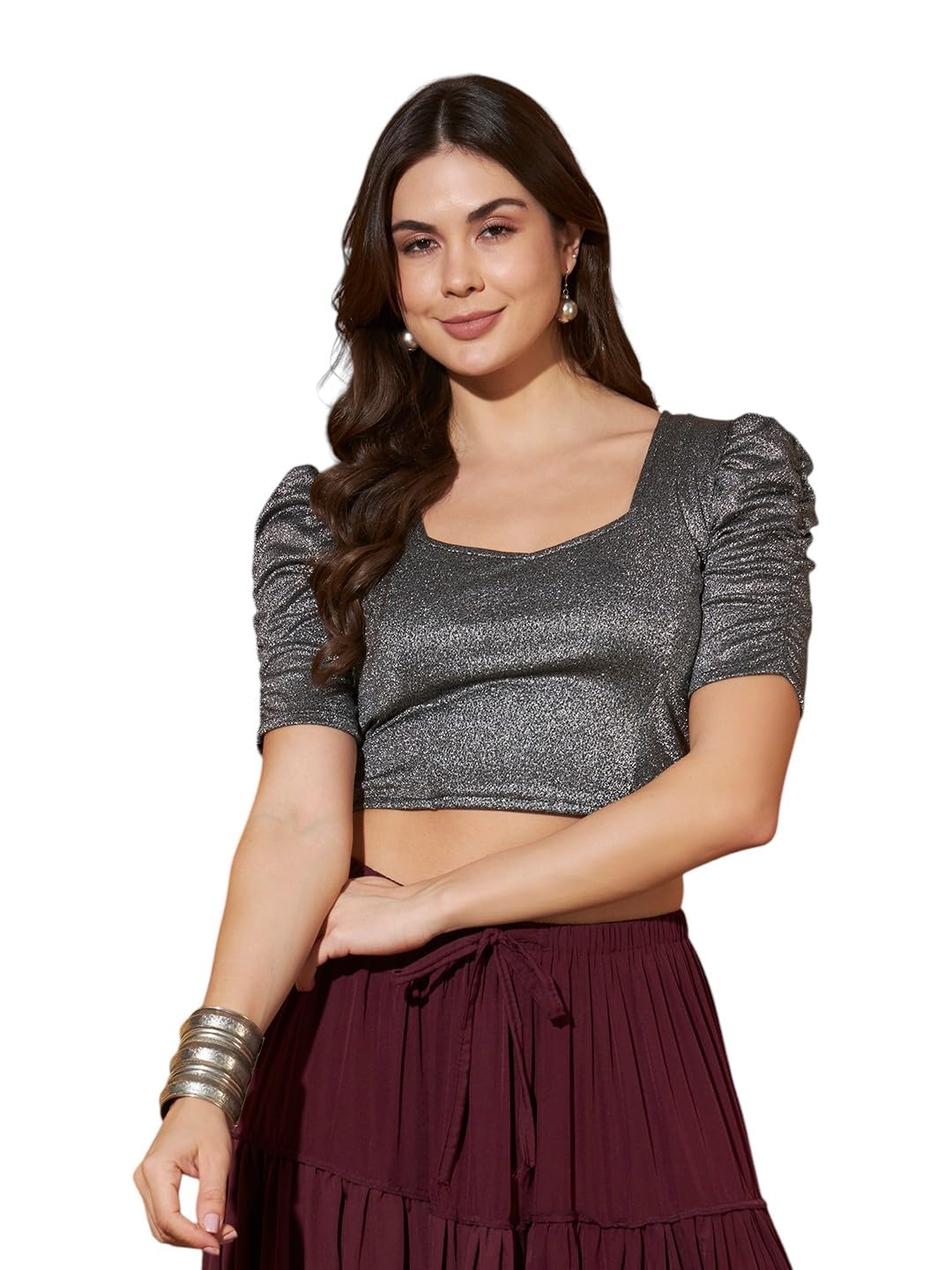 vaararo Readymade Party Blouse for Women | Sweetheart Neck Puff Sleeve Metallic Lycra Shimmer Crop Top | Designer Outfit for Saree, Lehenga, Skirt & Indo-Western Outfits-picture-38
