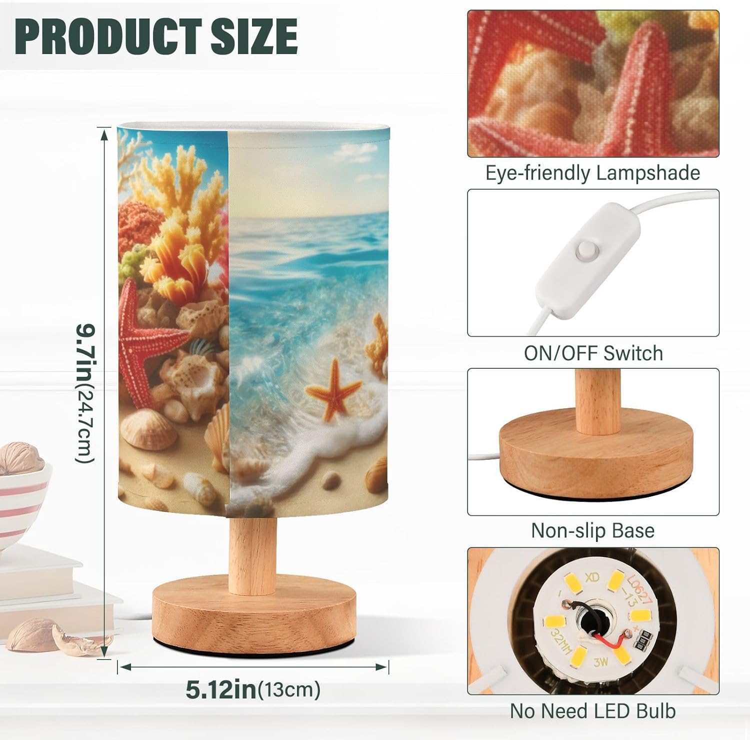 ベッドサイドテーブルランプ ビーチ ヒトデ サンゴ 貝殻 夏 小型 LED デスクライト USB ナイトスタンドランプ ノンスリップ