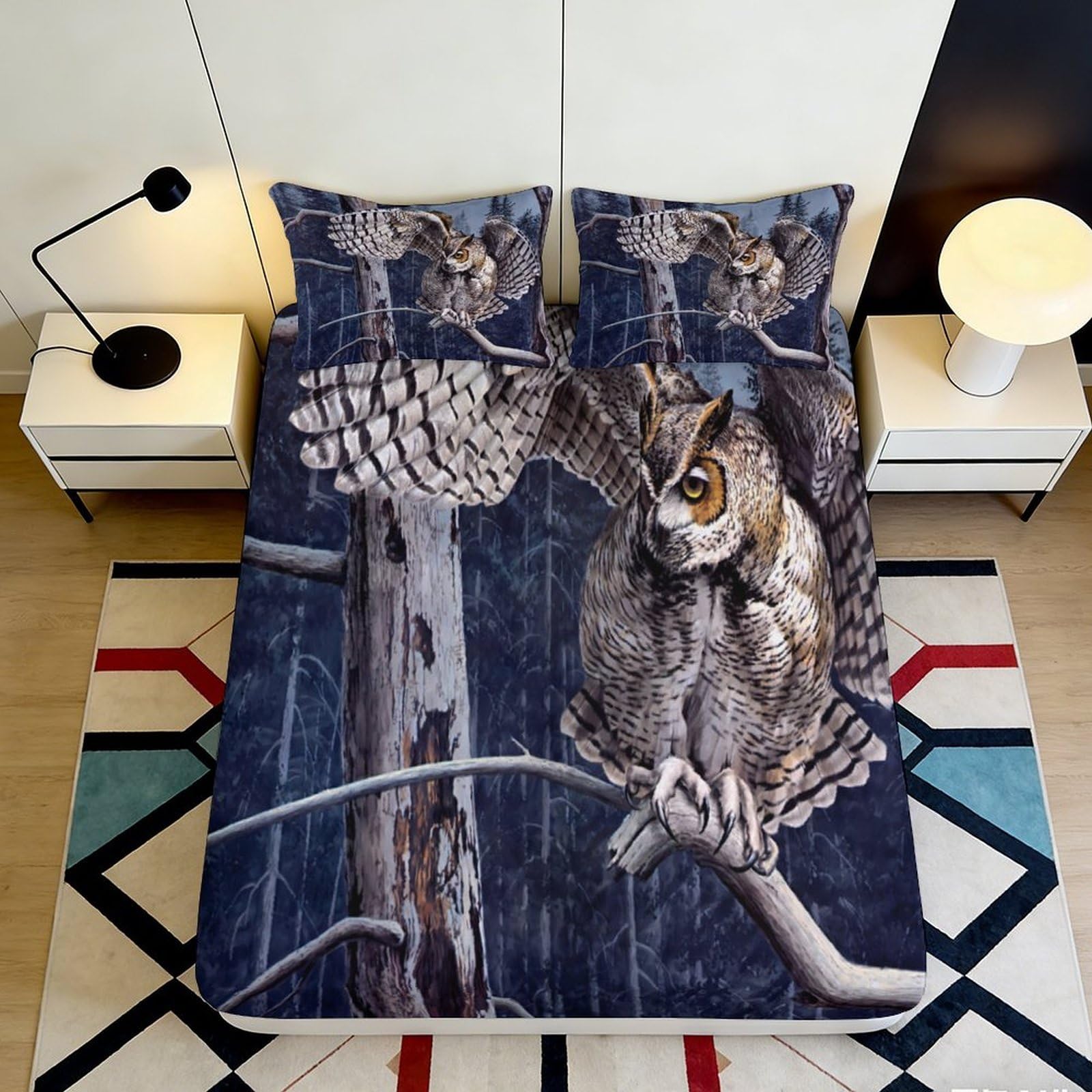 3D Printed Owl Fitted Sheet Microfiber Non-Slip Deep Pocket Owl Mattress Fitted Cover Washable Bedroom Bedding 160x200x25cm