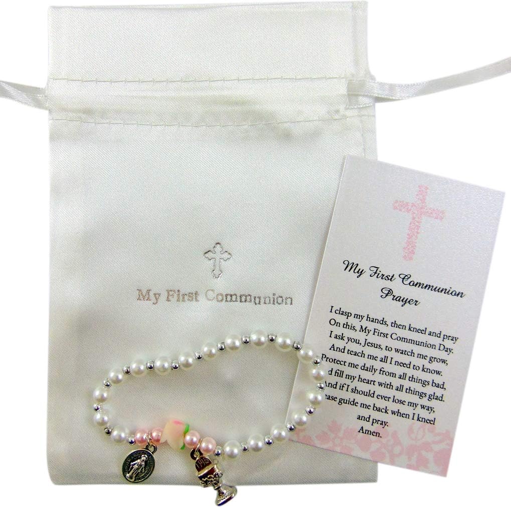 Westmon WorksCommunion Rosary Bracelet Rose Stretch Wrist Fashion Jewelry with Holy Prayer Card and Bag Gift Set