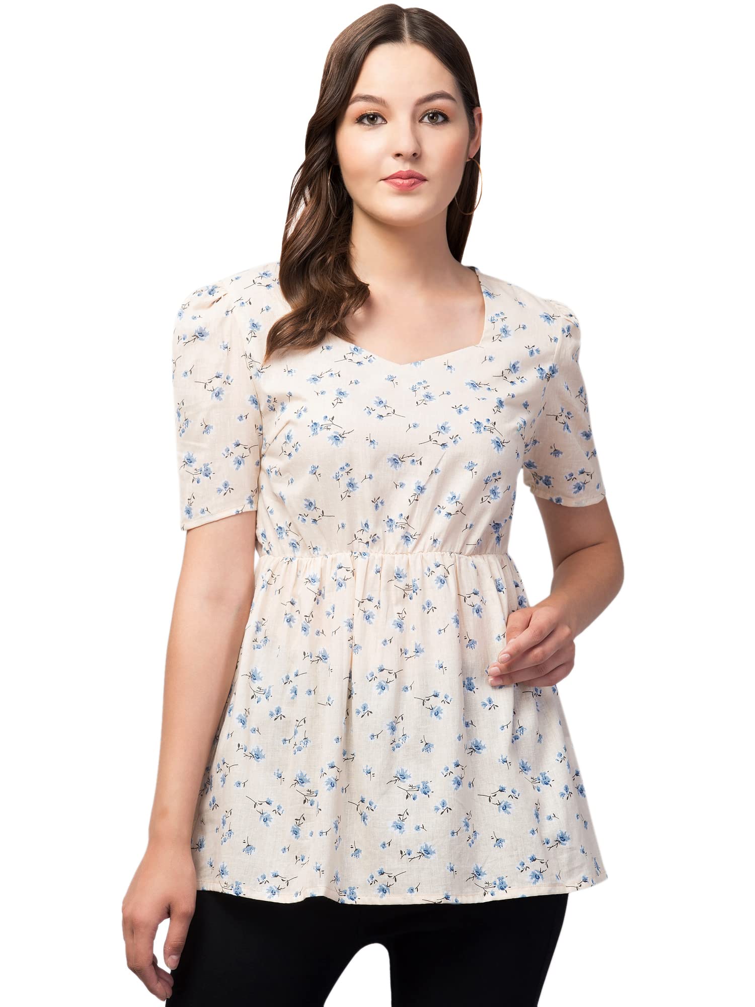 happy brothers Floral Printed Stylish Rayon Tops for Women's, Casual Wear/Office wear-HB22803-Beige Blue (M)-picture-24