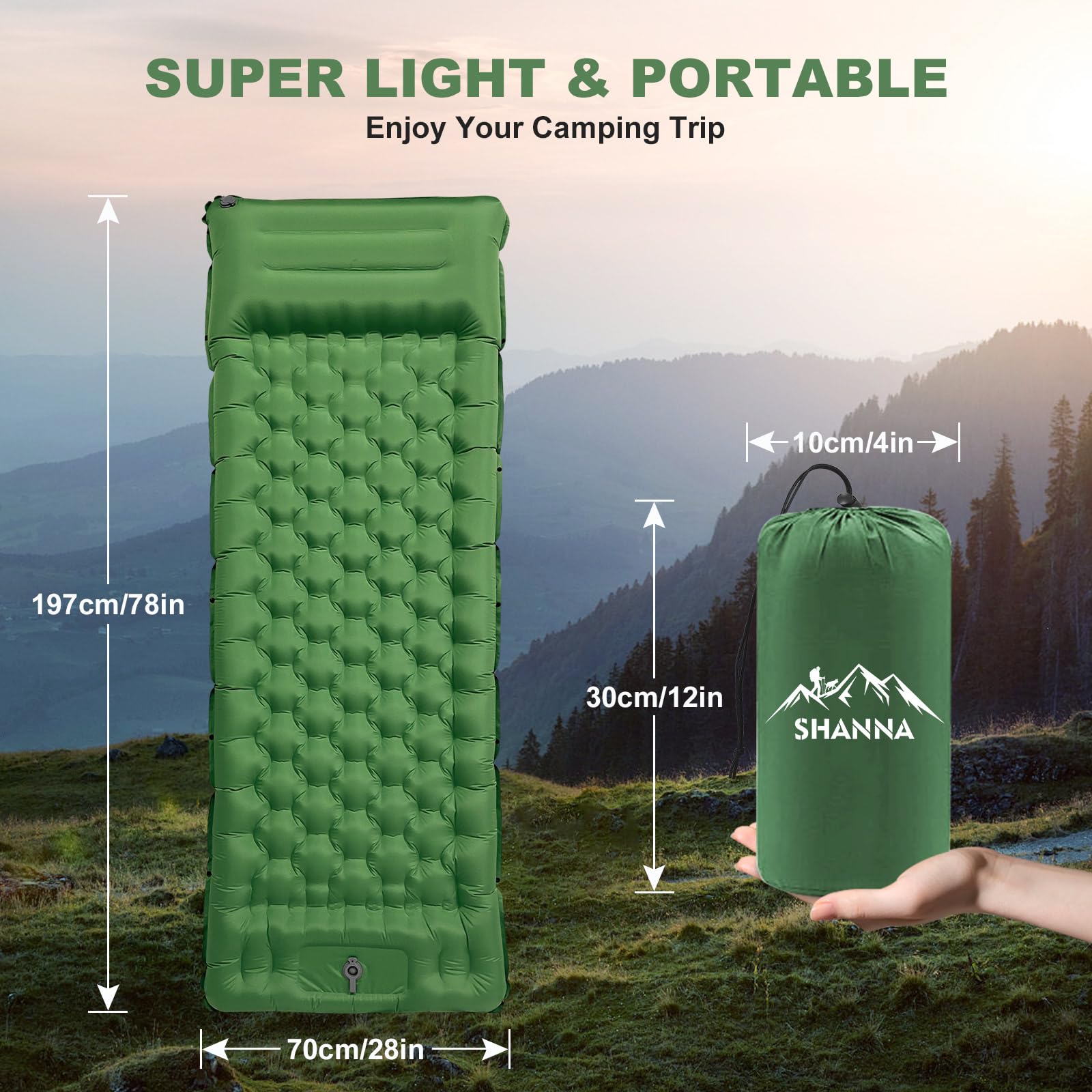 SHANNA Isomatte Outdoor Camping Luftmatratze: Extra Dick 12cm Ultraleicht Isomatte mit Fußpumpe Verbindbare 50D Isolierte Schlafmatte mit Kissen für Trekking, Camping, Wandern, Zelt (Olivengrün)