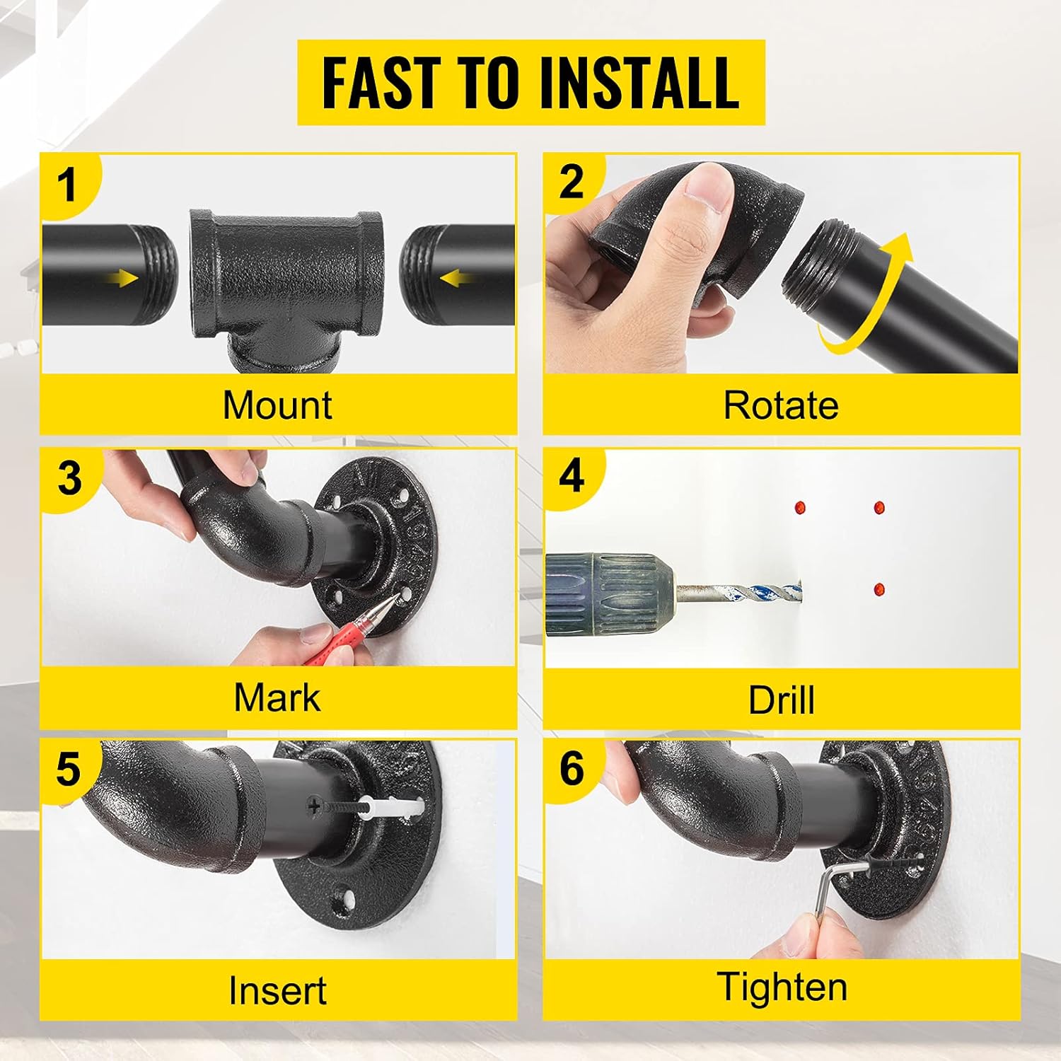 VEVOR Pipe Stair Handrail, 6FT Staircase Handrail, 440LBS Load Capacity