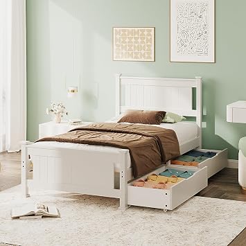 Bonnlo Solid Pine Wooden Single Bed Frame with Drawers and Modern Headboard