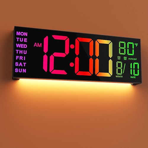 JALL 16" Large Digital Wall Mount Clock, Count Down Timer, Alarm, Big LED, 8 RGB Color, DST, Temperature for Living Room Classroom Desk, Xmas, Birthday Gift for Senior Mom Dad (Black, 16 inches)