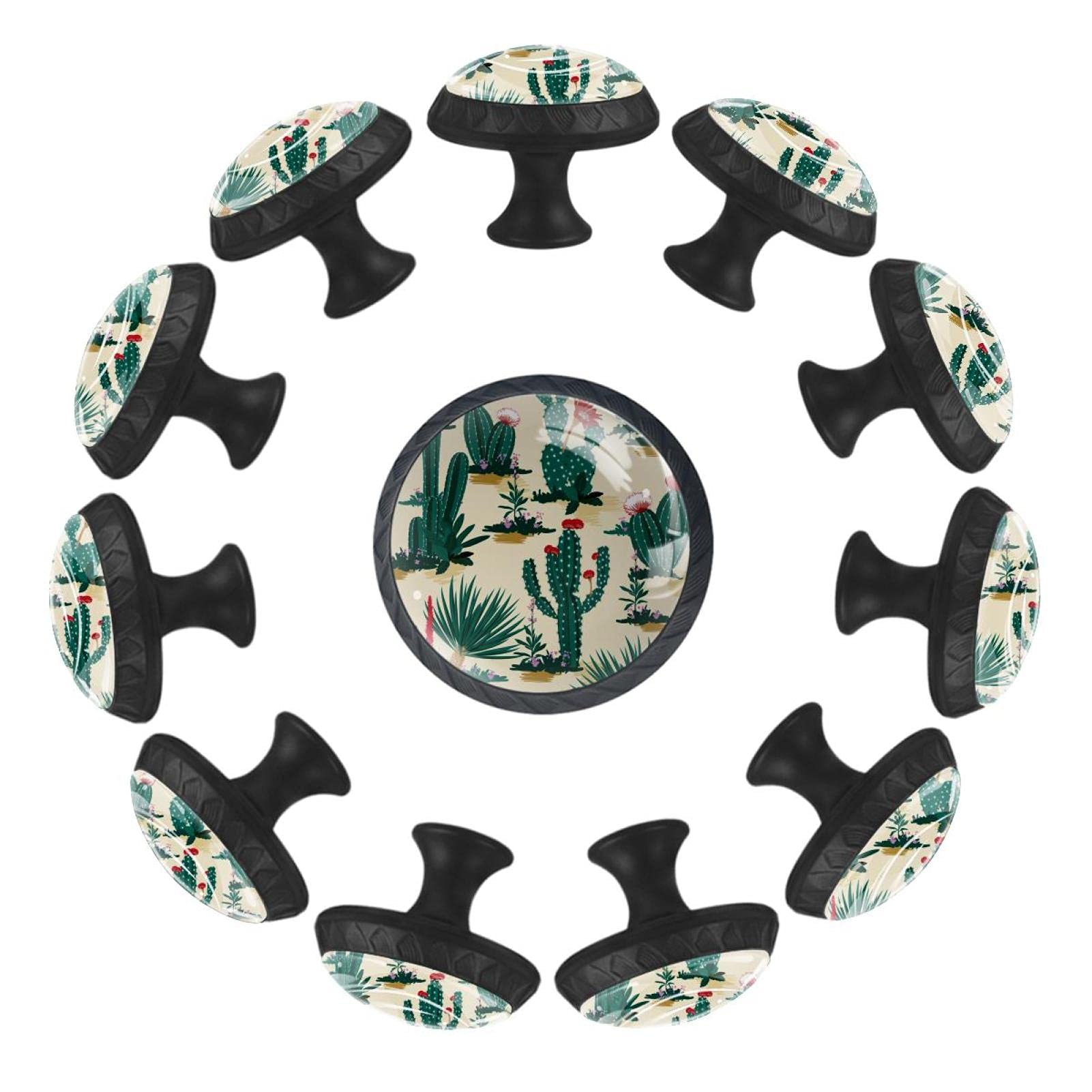 Bouton de meuble noir rond avec motif cactus vintage pour placard de cuisine