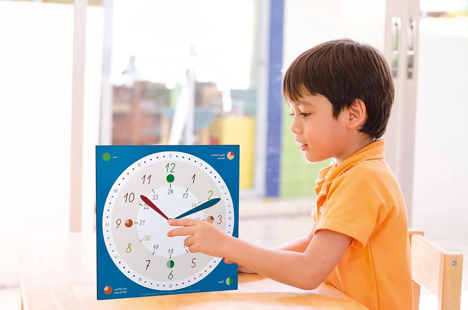 TFA Dostmann 60.3058.06.90 Children's Analogue Wall Clock Tick & Tack for Girls and Boys Colourful Learning Time with Markings Colourful Plastic Glass Blue L310 x W50 x H340 mm - Image 3